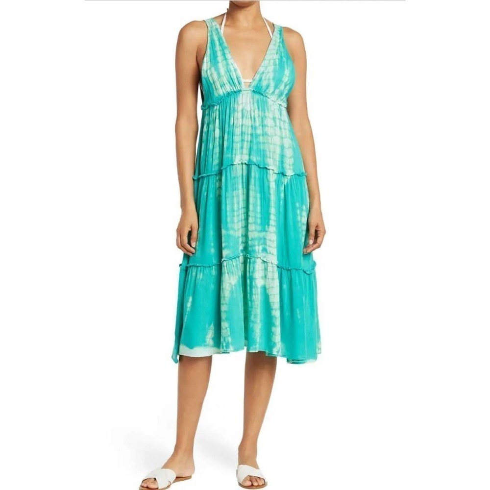 Boho Me Sleeveless V Neck Tie-Dye Midi Dress White/Green Women's Size XS NWOT